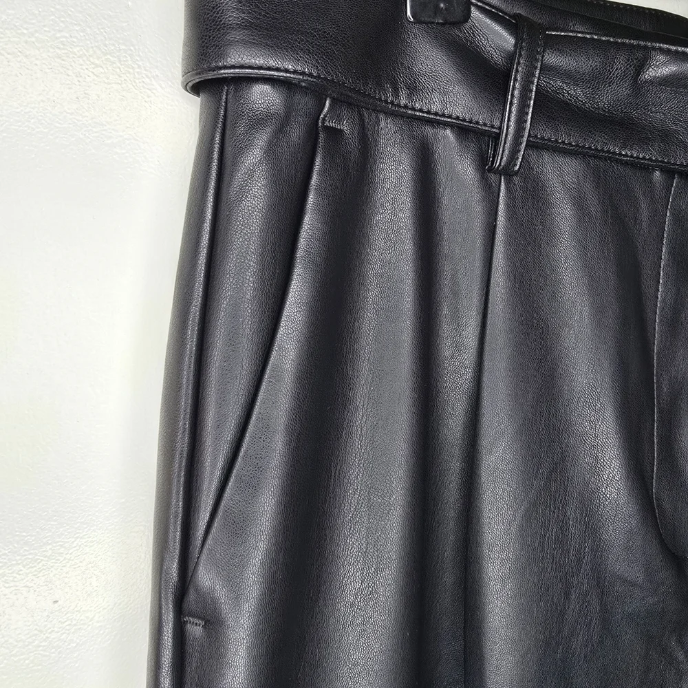 LOFT Black Wide Leg Faux Leather Belted Women's Pants Size 10 NWT
